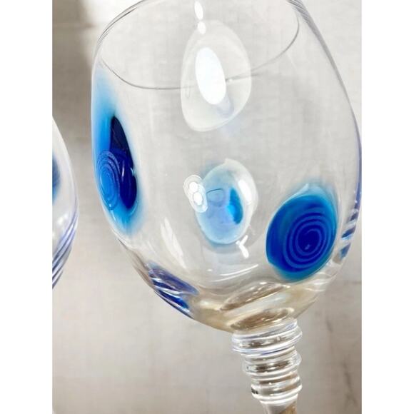 Stephen Kramer for Vietri Wine Glasses Italy Blue Swirl Dot Goblet 9.5”x3”& 8.5” - Picture 3 of 10